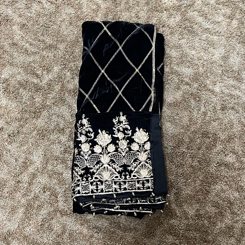 Black and gold embroidered velvet shawl wrap